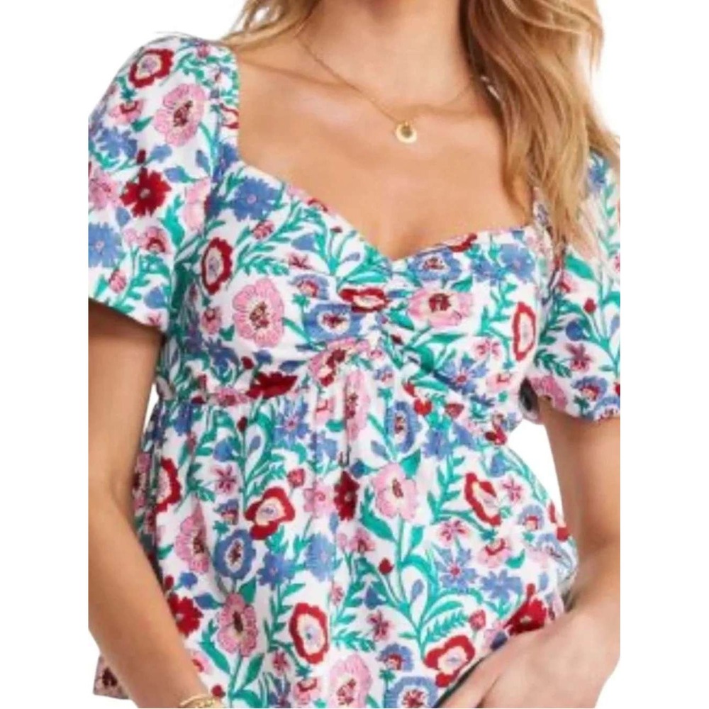 Vineyard Vines Floral Print Puff Sleeve Top Sz 2X Tisbury Floral White Babydoll